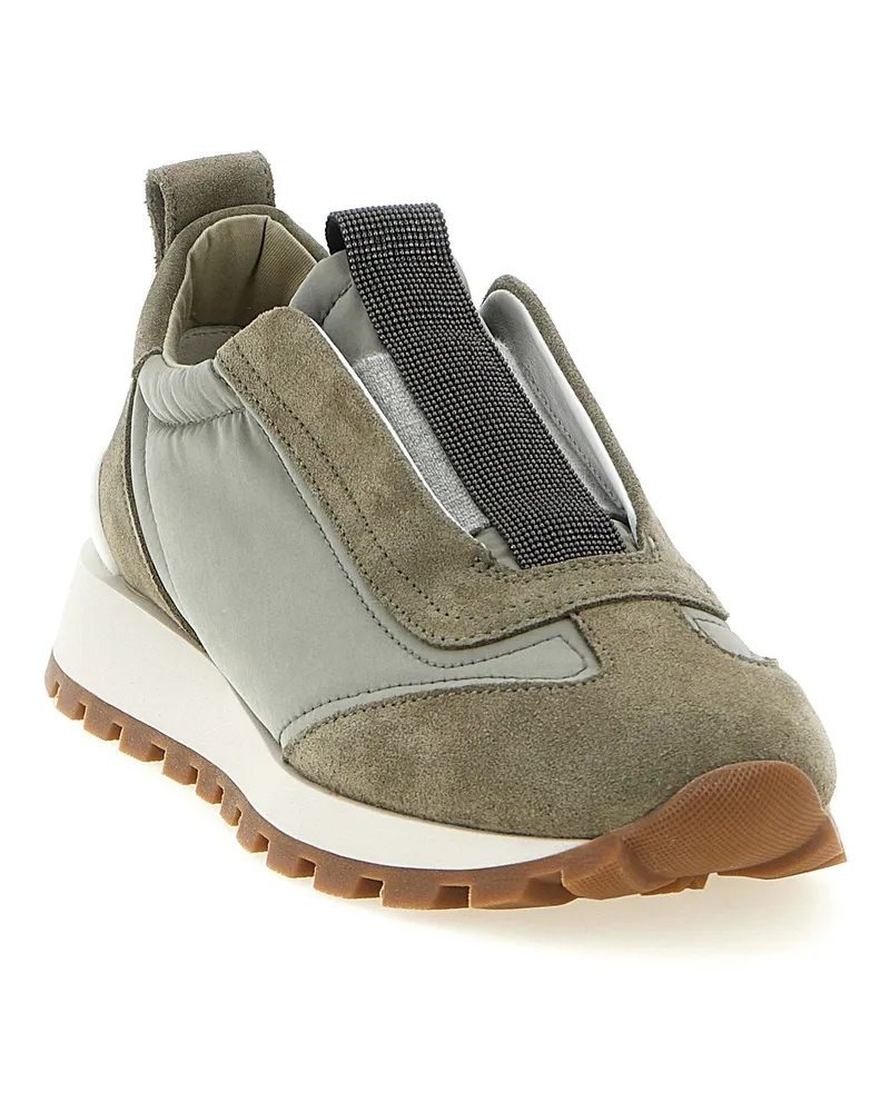 Brunello Cucinelli Techno Fabric with Suede Sneakers — Taupe Taupe