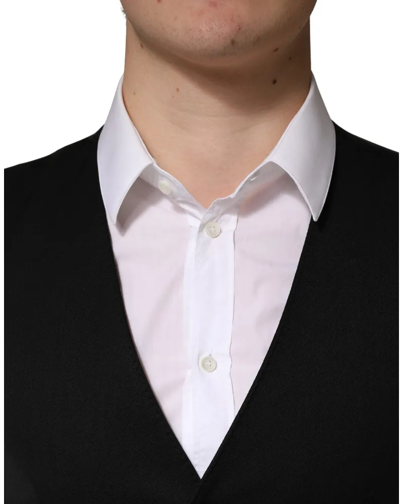 Dolce & Gabbana Black Wool Single Breasted Men Waistcoat Vest Silk Elastane Polyester Clothing Black