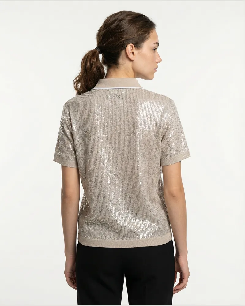 Brunello Cucinelli Sequin-Embellished Silk Blend Polo Shirt — Silver Silver