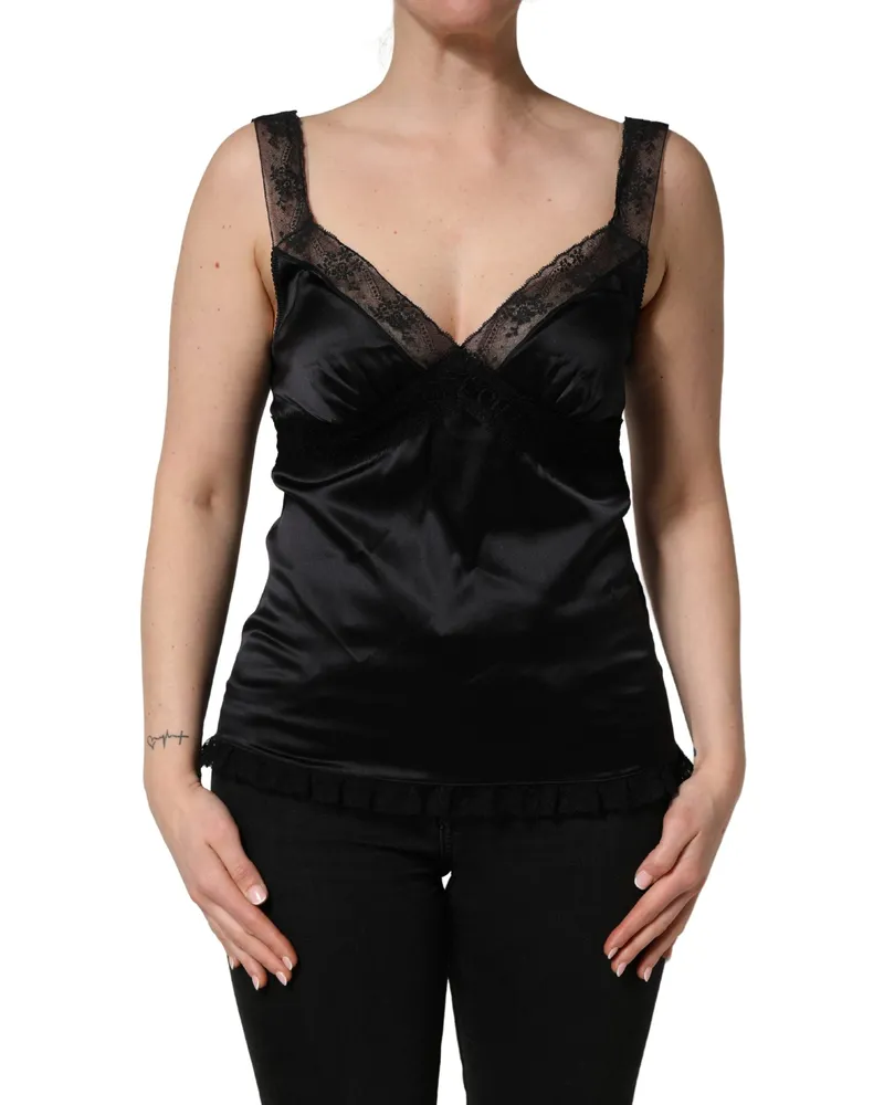 Dolce & Gabbana Women's Black Silk Lace Trim Camisole V-Neckline Tank Top Black