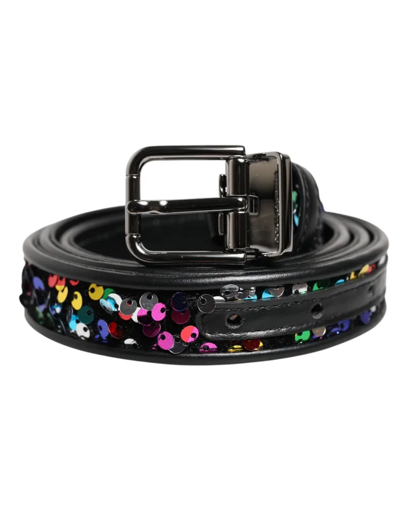 Dolce & Gabbana Men's Black Sequin Embellished Metal Buckle Belt Polyester Leather Black