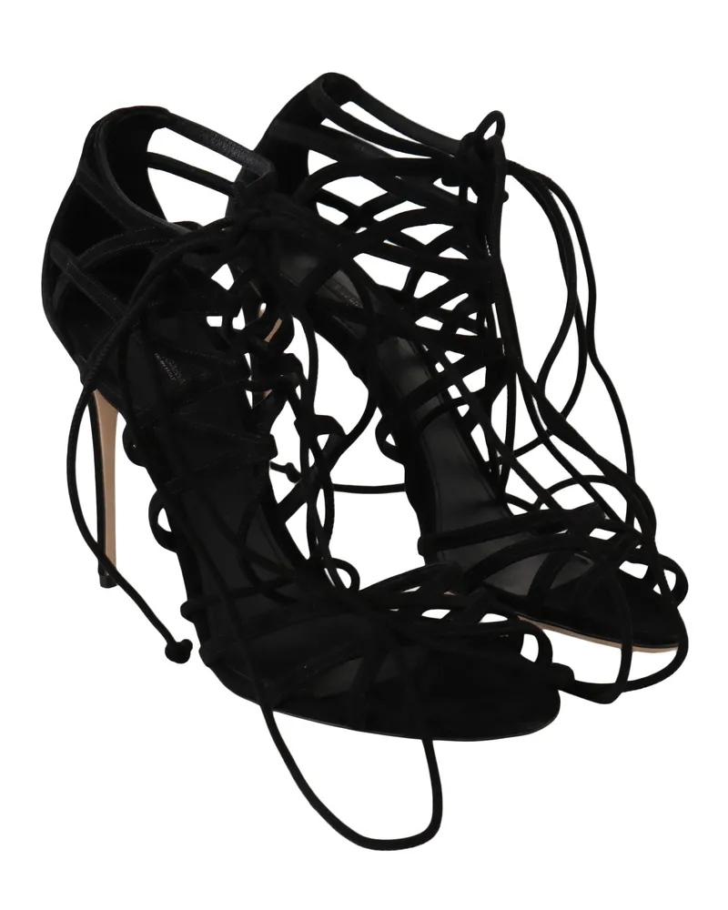 Dolce & Gabbana Women's Black Suede Strap Stilettos Sandals Capra Goatskin Black