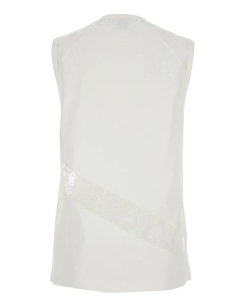 Pinko Women's Crew Neck Top With Lace Trim White Cotton Tops White