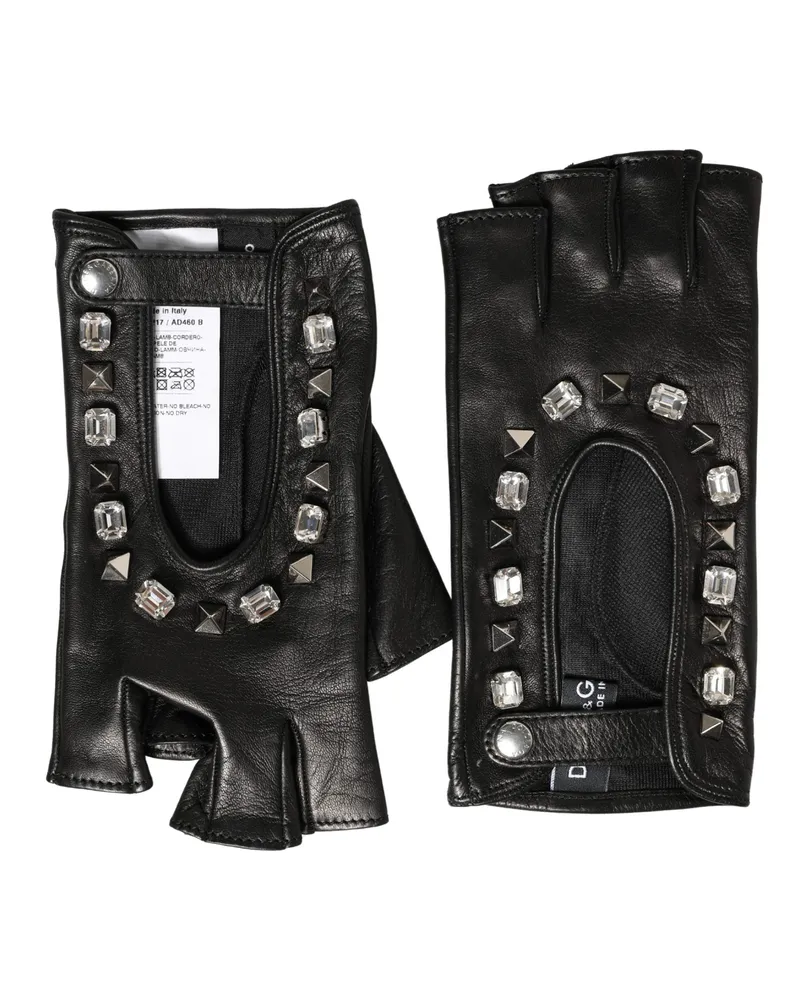 Dolce & Gabbana Women Black Embellished Wrist Length Mitten Gloves Lamb Leather Black