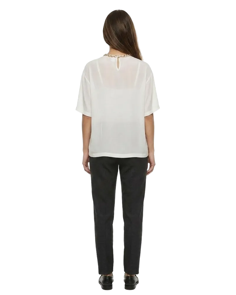 Dolce & Gabbana Logo-Embroidered Silk T-Shirt — White White