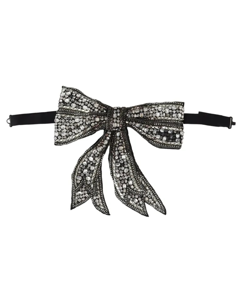 Dolce & Gabbana Women's Silver Crystal Beaded Sequined Catwalk Necklace Bowtie Silk Black