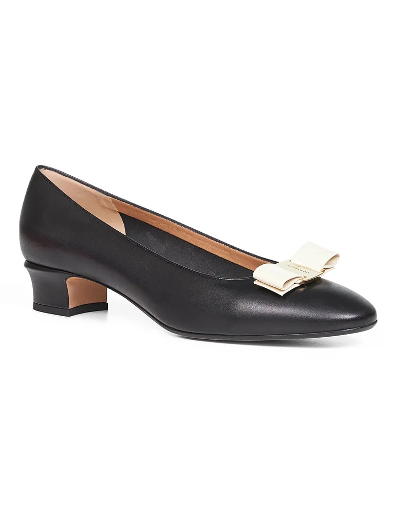 Ferragamo Women's Black And Mascarpone Leather Vara Bow Pumps Calf Ballerina Shoes Black