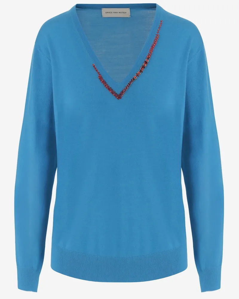Dries van Noten Women's Wool Sweater With Embellished V-Neck, Navy Merino Navy