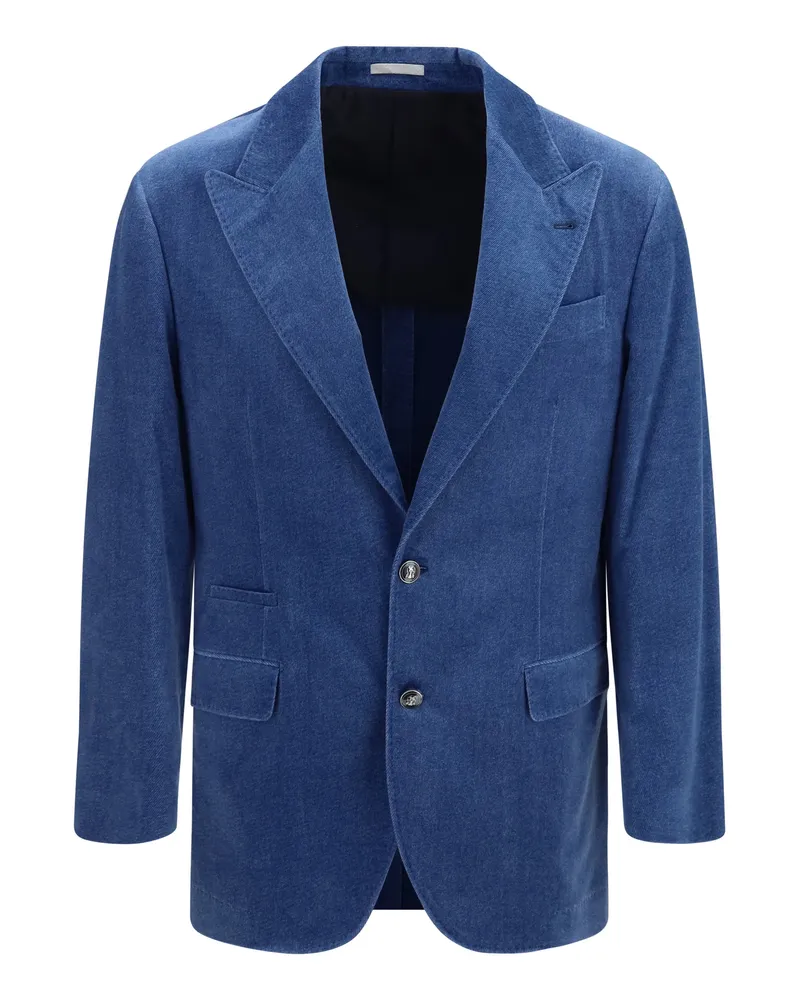 Brunello Cucinelli Cotton-Velvet Denim-Effect Blazer — Blue Blue