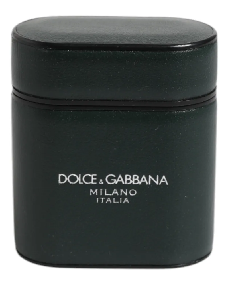 Dolce & Gabbana Men's Green Calfskin Leather Logo Print Flip Holder Airpods Case Black Calf Accessory Black