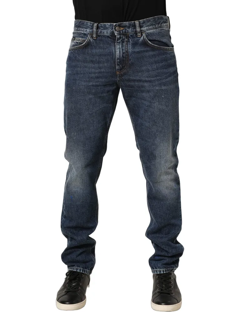 Dolce & Gabbana Dark Blue Washed Mid Waist Straight Men Denim Jeans Cotton Clothing Blue