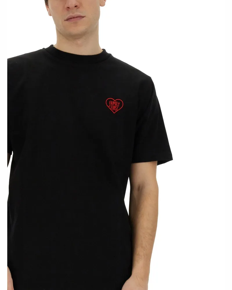 Family First Heart-Embroidered Cotton T-Shirt — Black Black