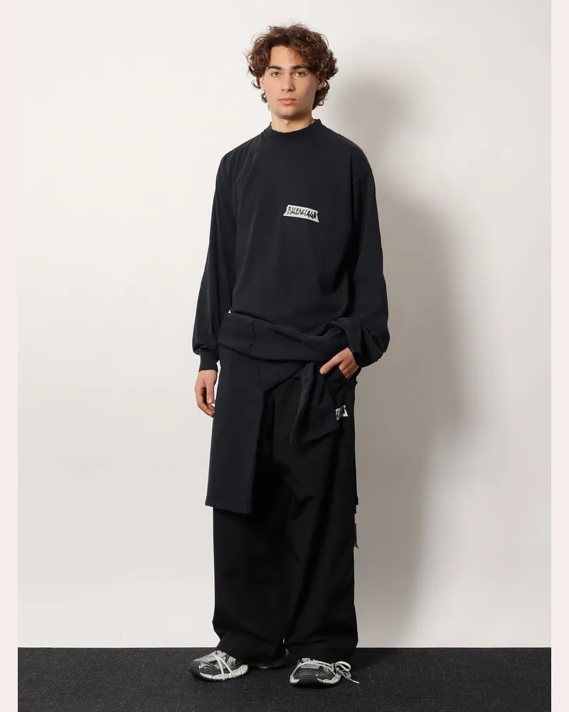 Balenciaga Men's T-Shirt Crew-Neck Long Sleeve Black Cotton Sweatshirts Sweater Black