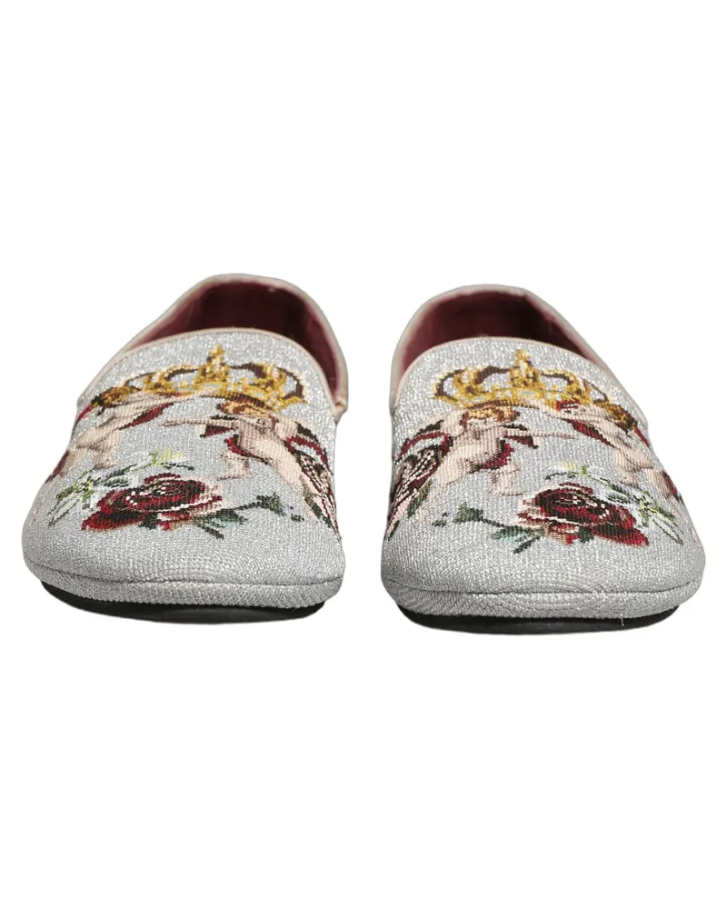 Dolce & Gabbana Men's Gray Crown Rose Angel Embroidery Loafer Shoes Leather Gray