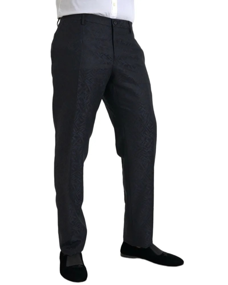 Dolce & Gabbana Blue Brocade Wool Skinny Men Dress Pants Virgin Silk Navy
