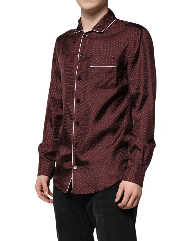 Dolce & Gabbana Men's Burgundy Silk Dotted Long Sleeves Shirt Burgundy