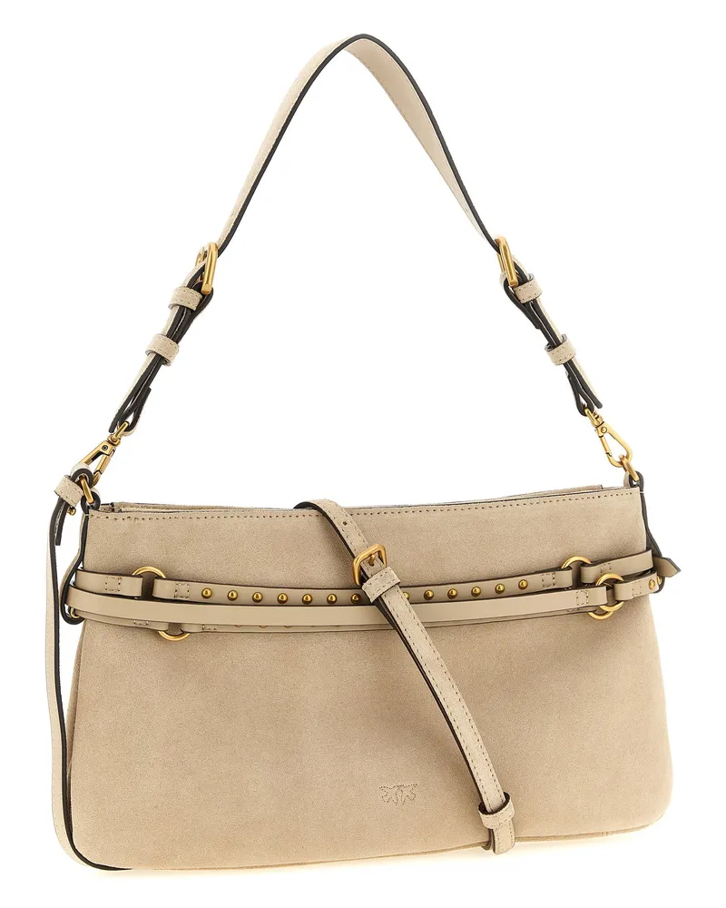 Pinko Suede with Studded Leather Belt Shoulder Bag — Beige Beige