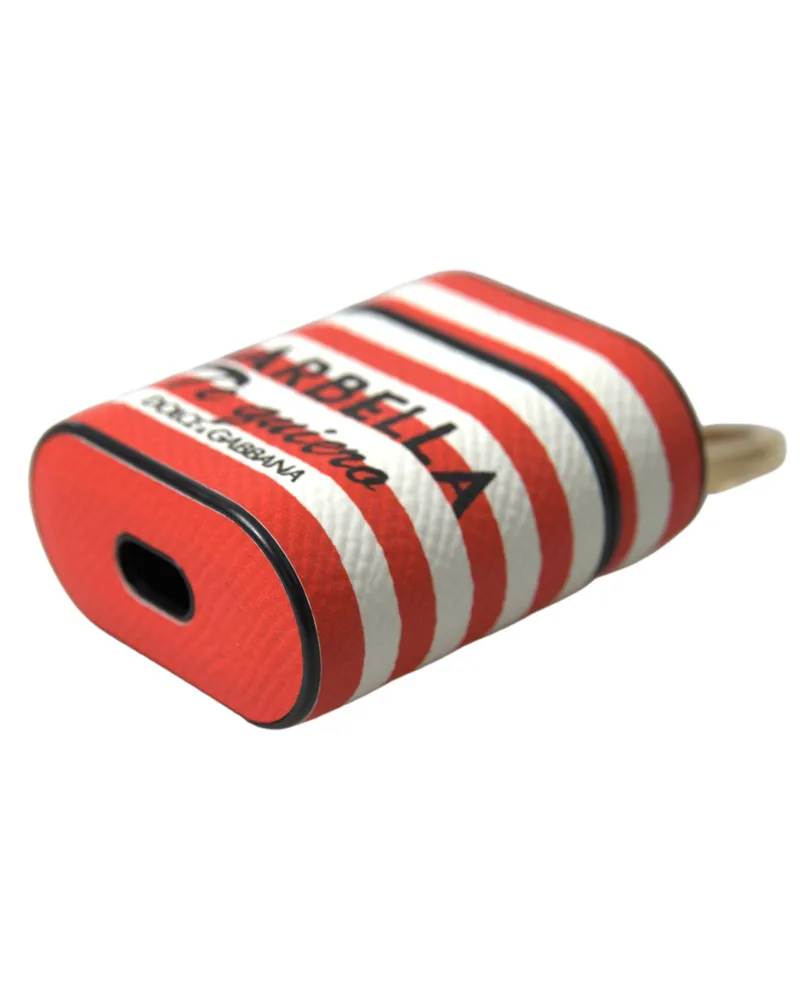Dolce & Gabbana Women's Orange Stripe Dauphine Leather Logo Strap Airpod Case Accessory Orange