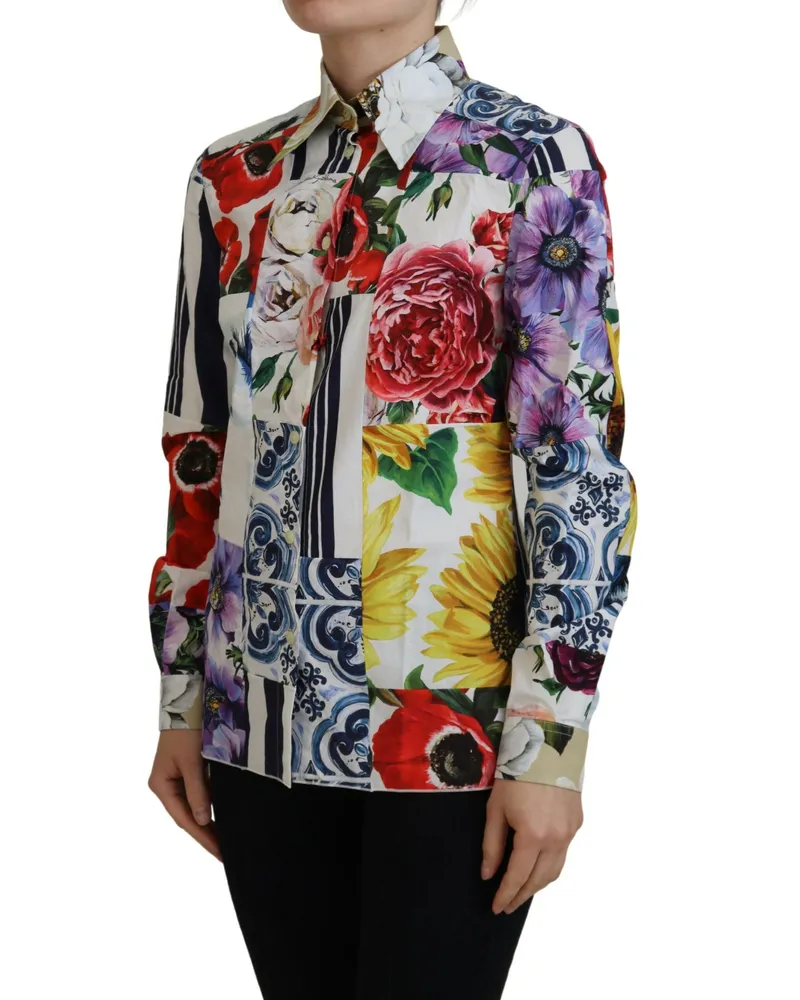 Dolce & Gabbana Women's Multicolor Floral Cotton Collared Blouse Top Multicolor