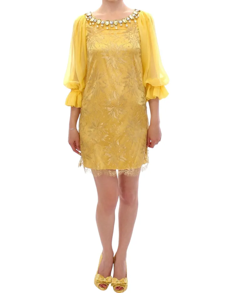 Dolce & Gabbana Women's Yellow Lace Crystal Mini Dress Metal Yellow