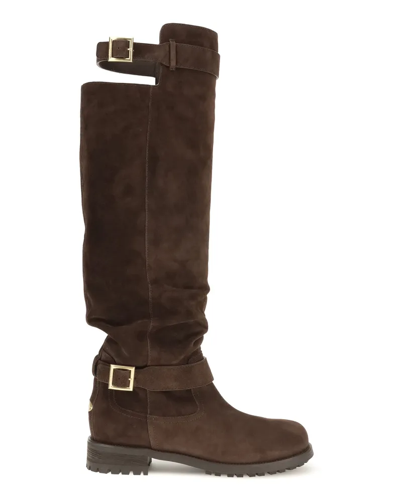 Jimmy Choo Women's Boots Knee-High Biker Chocolate Calf Leather Brown