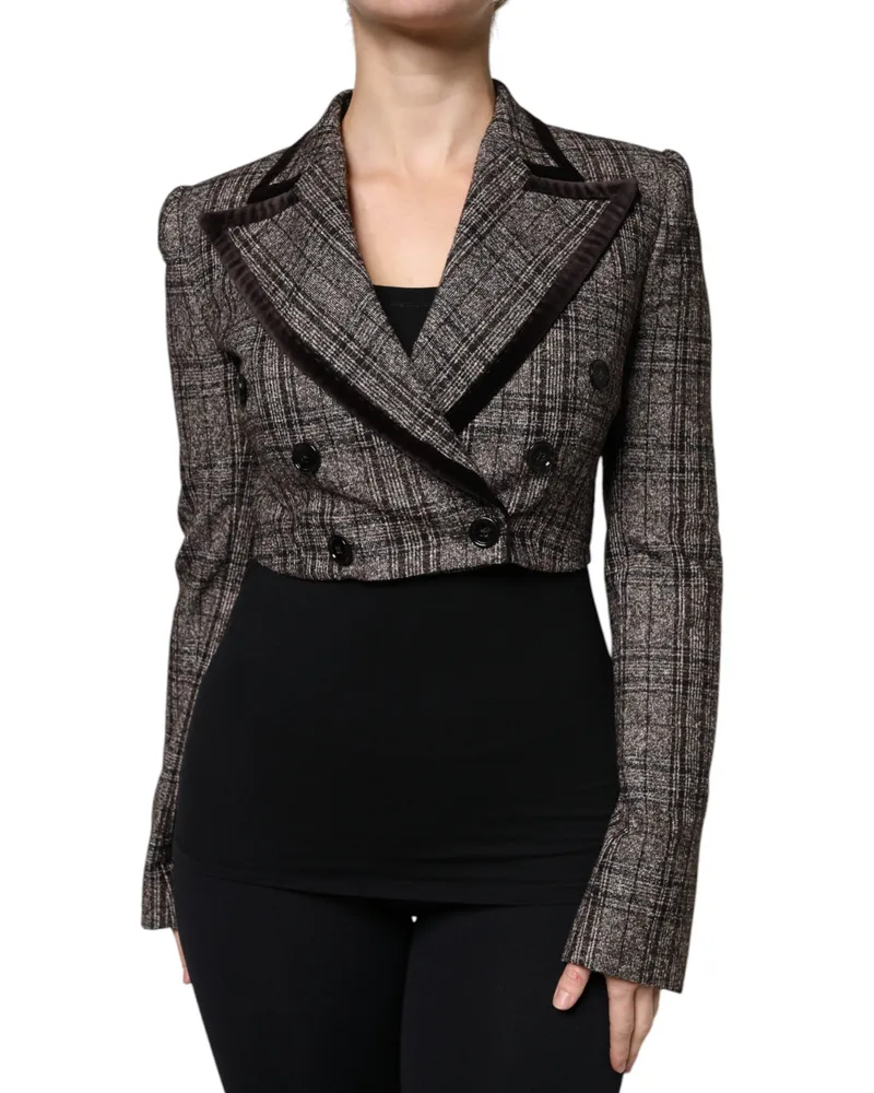 Dolce & Gabbana Women Brown Plaid Long Sleeve Cropped Coat Jacket Cotton Alpaca Nylon Elastane Clothing Brown