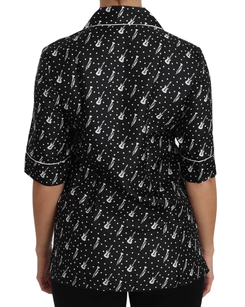 Dolce & Gabbana Women's Black Guitartrumpet Print Silk Shirt Top Black