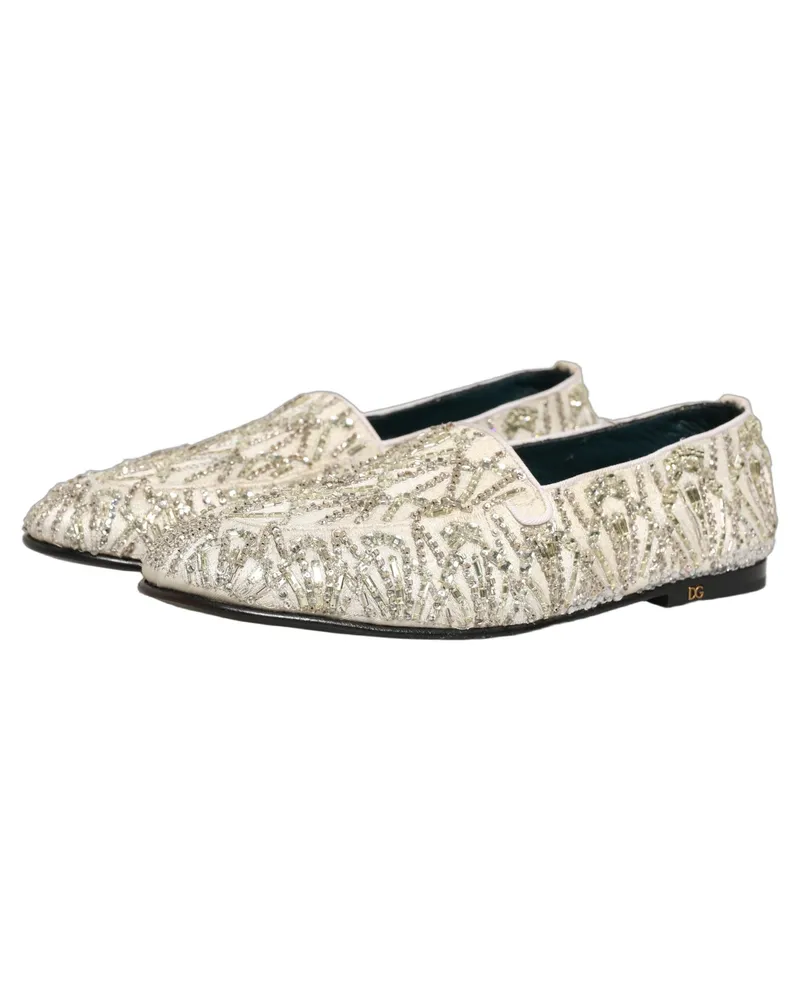 Dolce & Gabbana Men's White Velvet Embroidered Dress Loafers Shoes Leather White