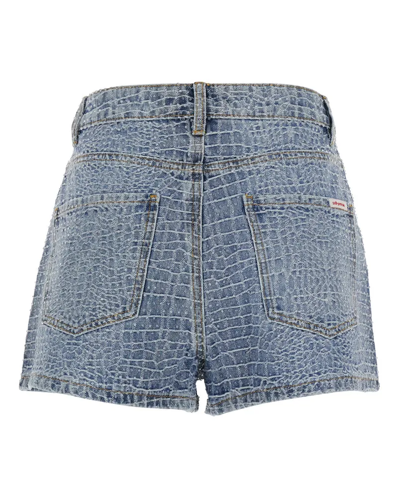 Self-Portrait Women's Shorts Rhinestone Croc Effect Blue Denim Cotton Blue