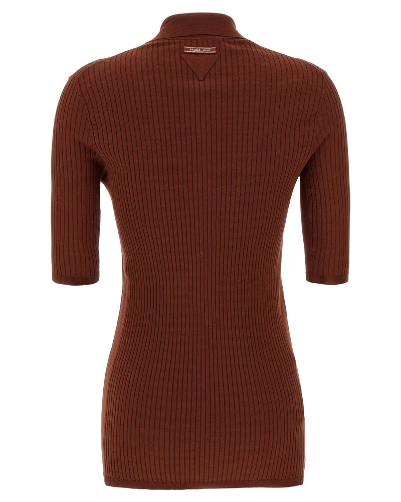 Prada Ribbed Stretch Cotton Polo Shirt — Rust Rust