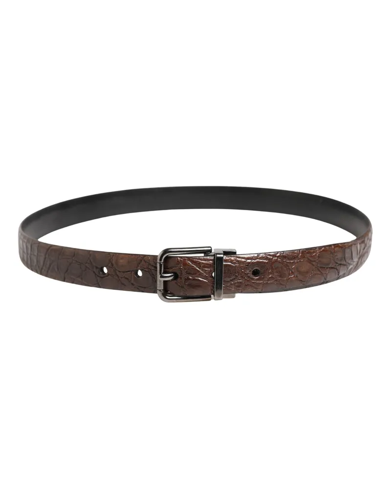 Dolce & Gabbana Men's Brown Leather Silver Tone Metal Buckle Belt Caiman Brown