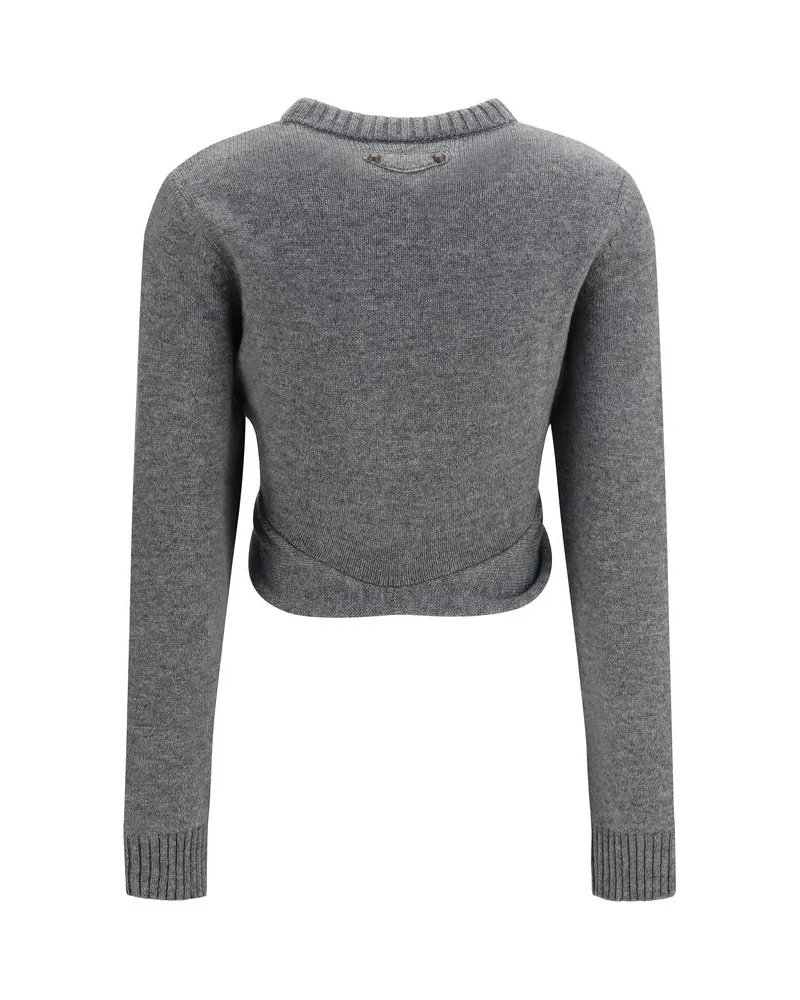 Balenciaga Ruched Crew Neck Wool Sweater — Gray Gray