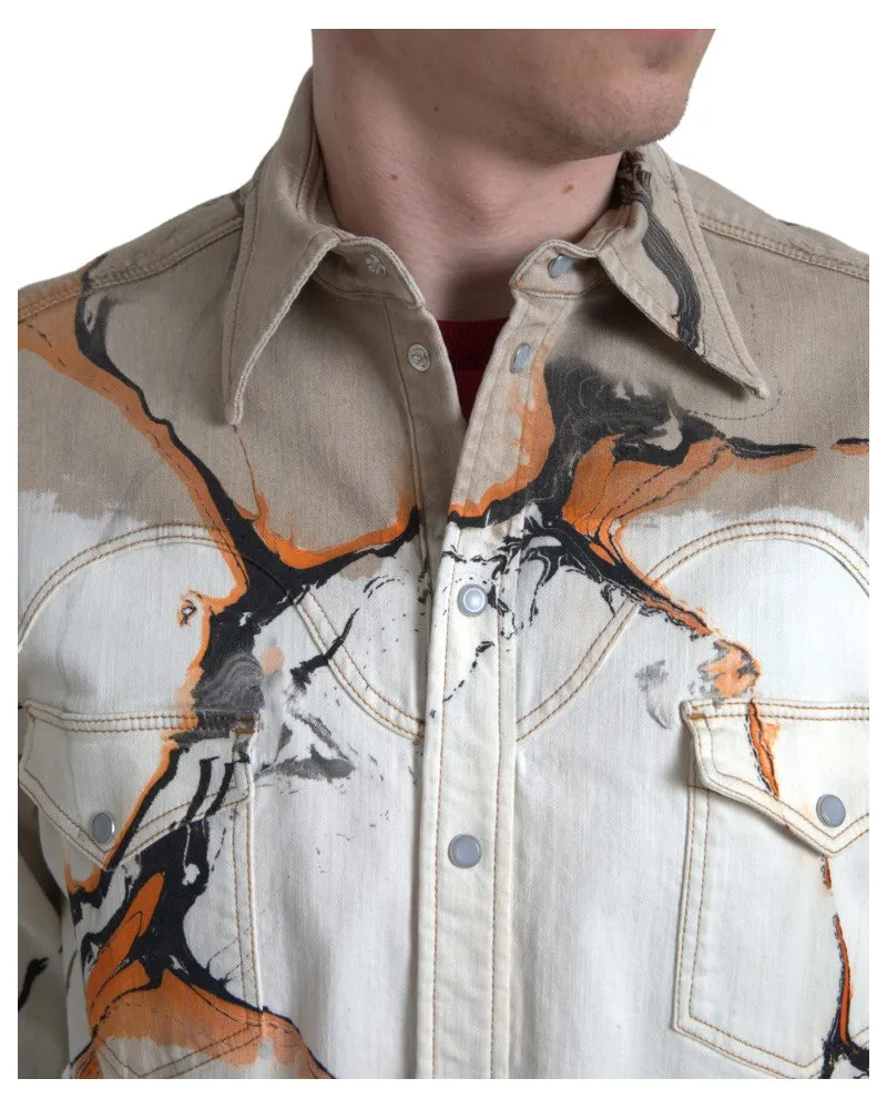 Dolce & Gabbana Men's Multicolor Cotton Collared Denim Shirt Elastane White