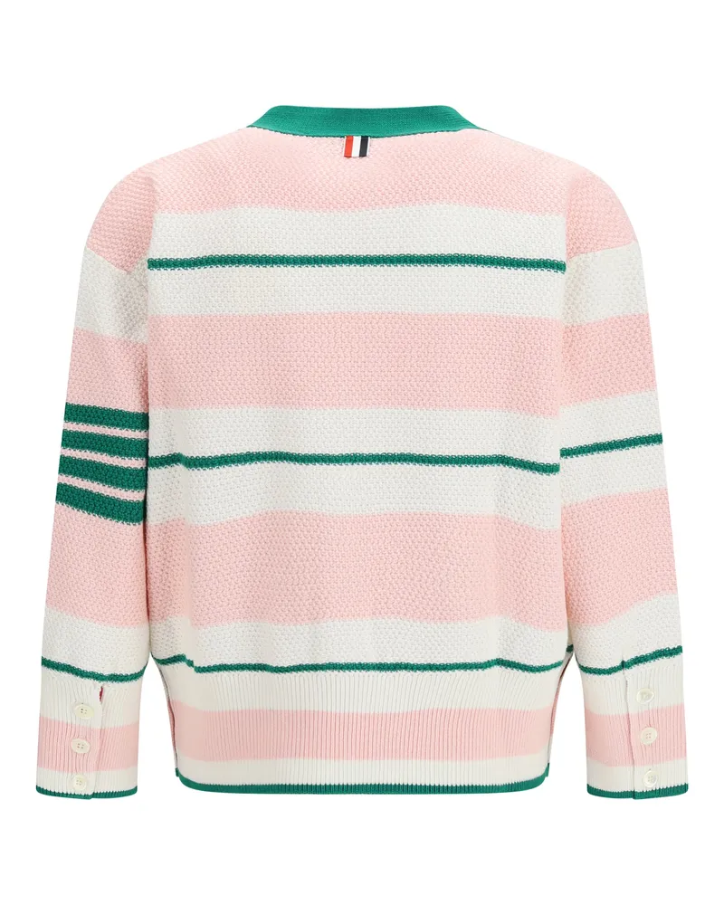 Thom Browne Men's Classic Stripe Seed Stitch V Neck Cardigan Light Pink Cotton Sweater Pink