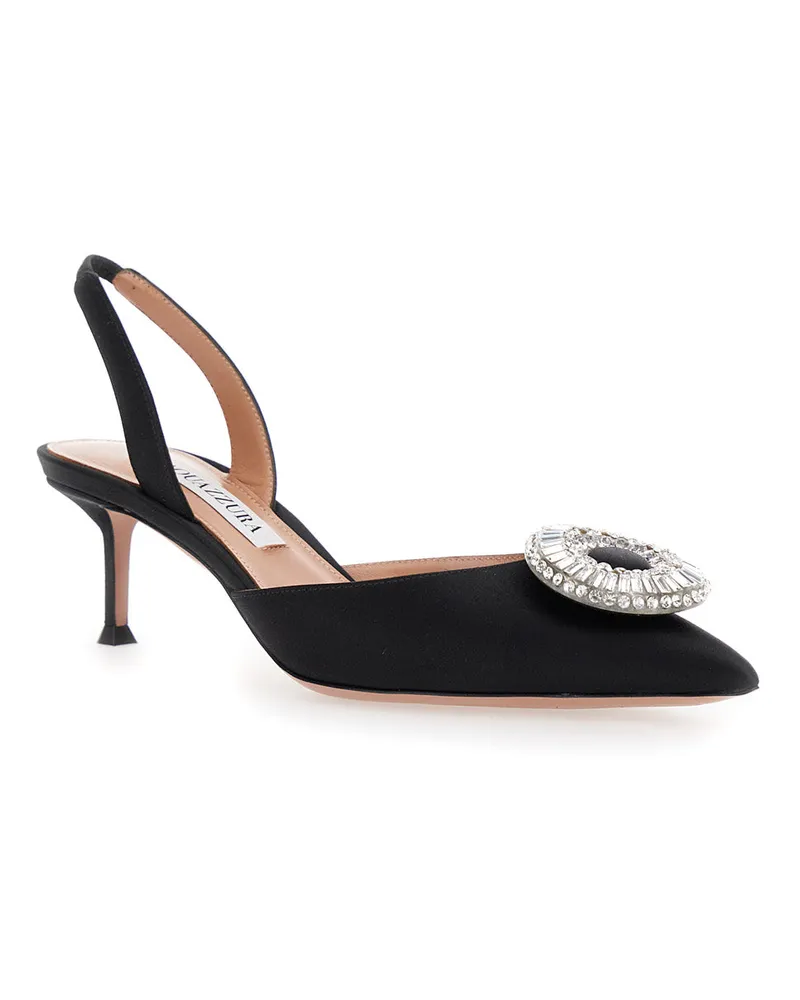 Aquazzura Women's Black Slingback Pumps With Rhinestoned Embellishment Tech Fabric Black