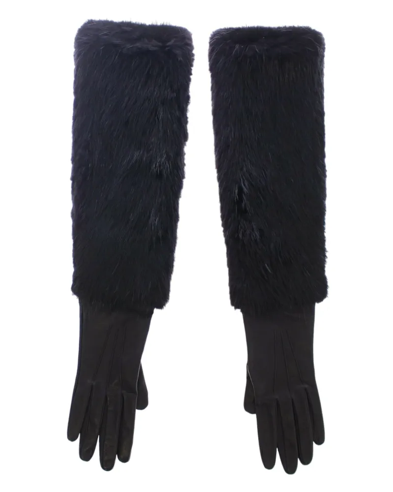 Dolce & Gabbana Women's Black Beaver Fur Lambskin Leather Elbow Gloves Black