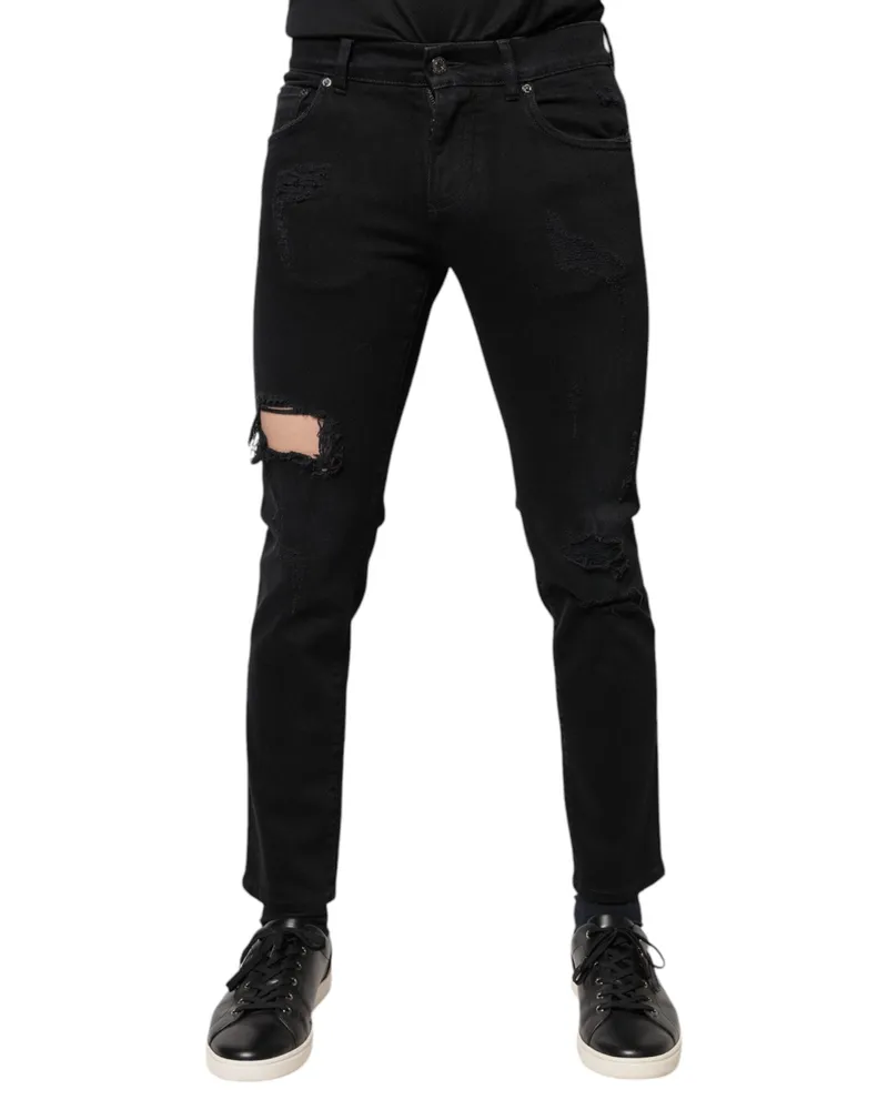 Dolce & Gabbana Men Black Cotton Tattered Skinny Denim Logo Jeans Elastane Clothing Black