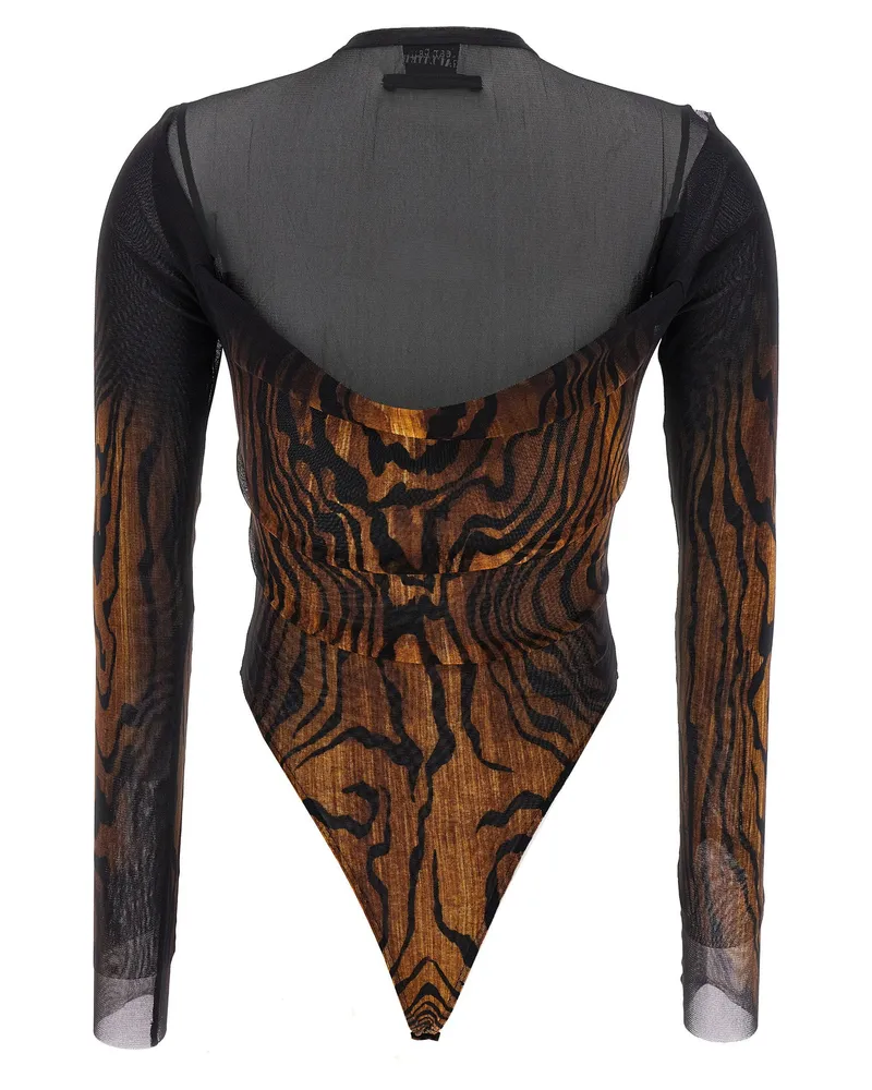 Jean Paul Gaultier Wood-Print Stretch Tulle Bodysuit — Black Black