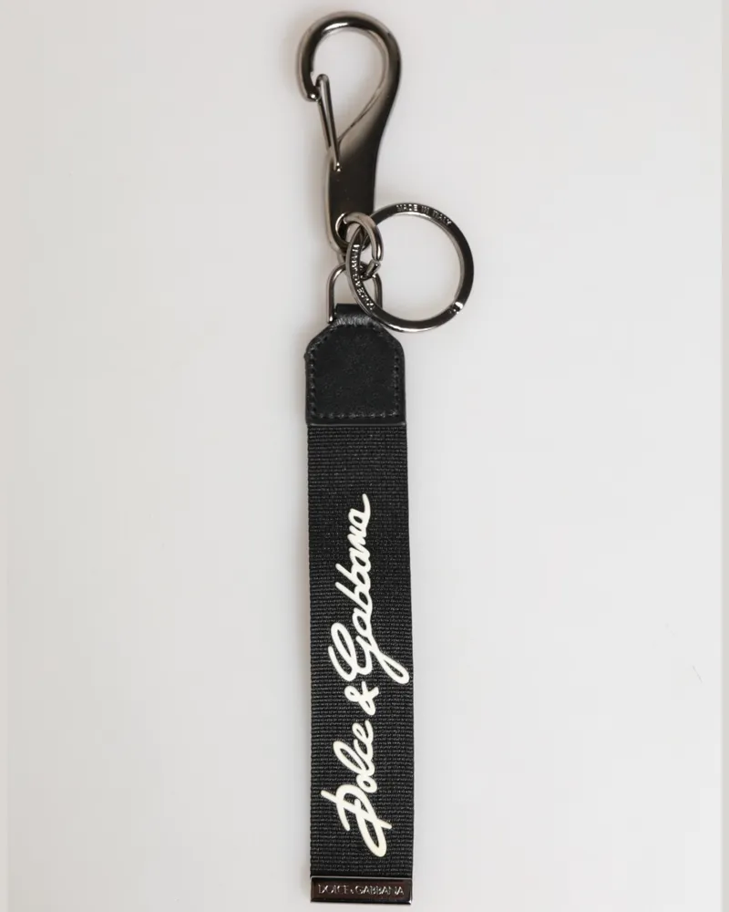 Dolce & Gabbana Black White Polyester Dg Logo Silver Men Keychain Keyring Real Brass Calfskin Accessory Black