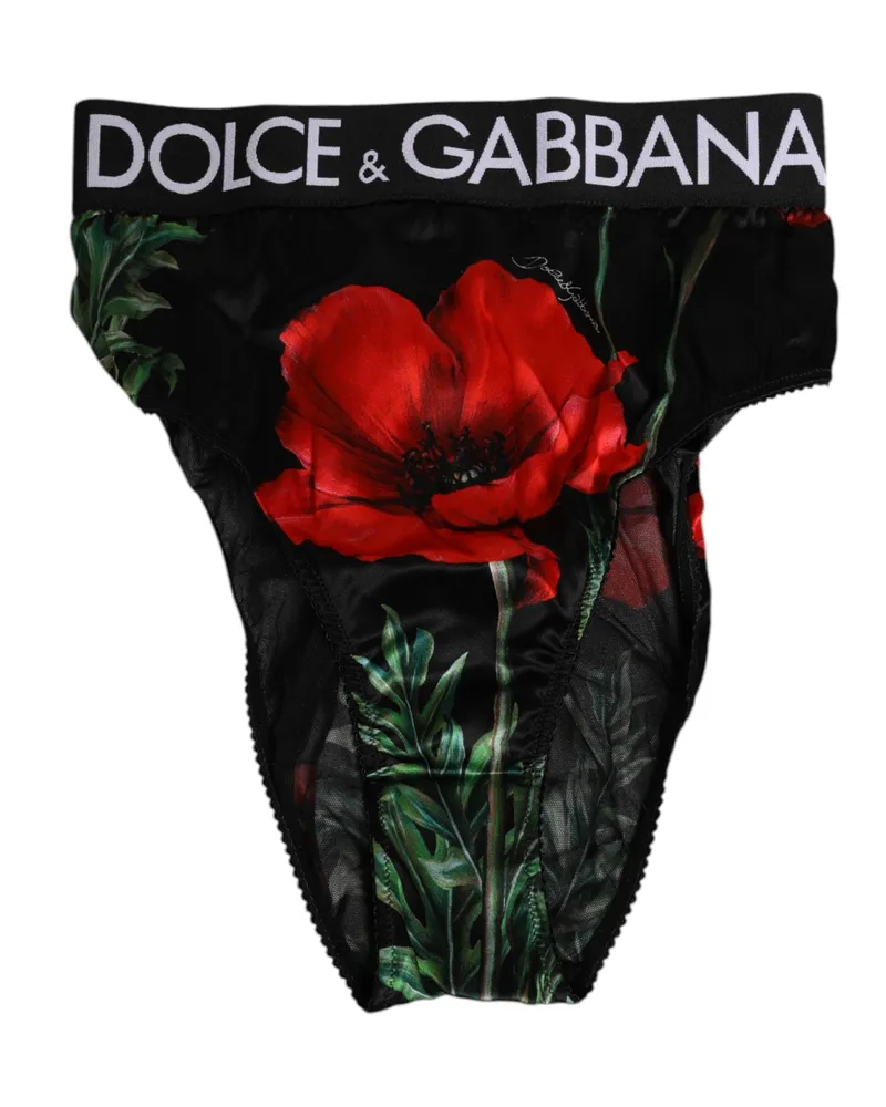 Dolce & Gabbana Women's Black Floral Print High Waist Sheer Mesh Underwear And Red Silk Clothing Black