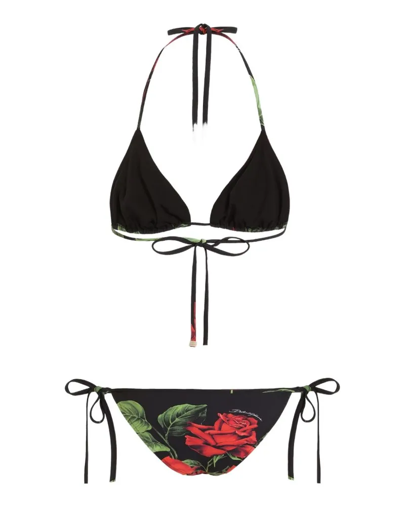 Dolce & Gabbana Rose Print Triangle Bikini — Black Black