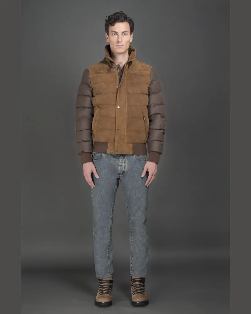 MOORER Mens Brown Quilted Jacket With Fur Collar Clothing Brown