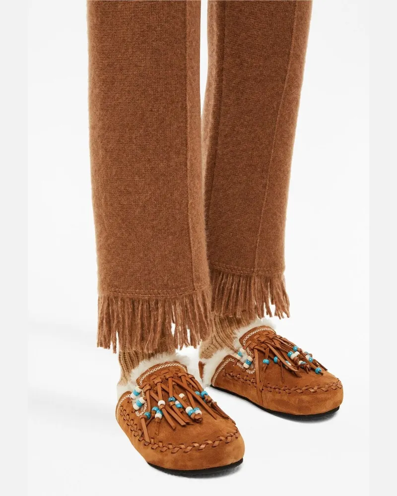 Alanui Fringe-Trimmed Cashmere-Silk Knit Trousers — Camel Camel