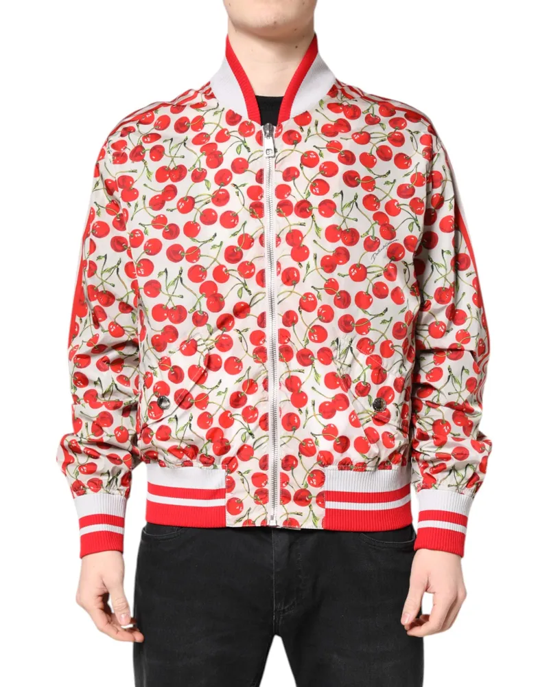 Dolce & Gabbana Men's White Cherry Print Full Zip Bomber Jacket And Red Polyester Clothing White