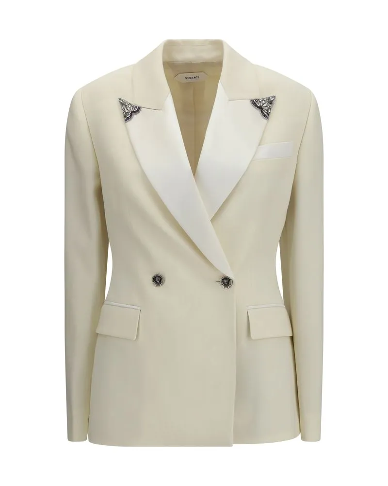 Versace Embroidered Lapel Wool Blazer — Beige Beige