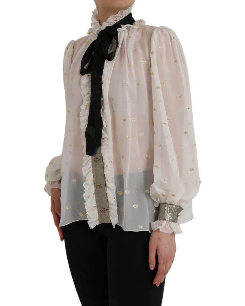 Dolce & Gabbana Women's Off White Silk Blend Ascot Collar Blouse Top Polyester White