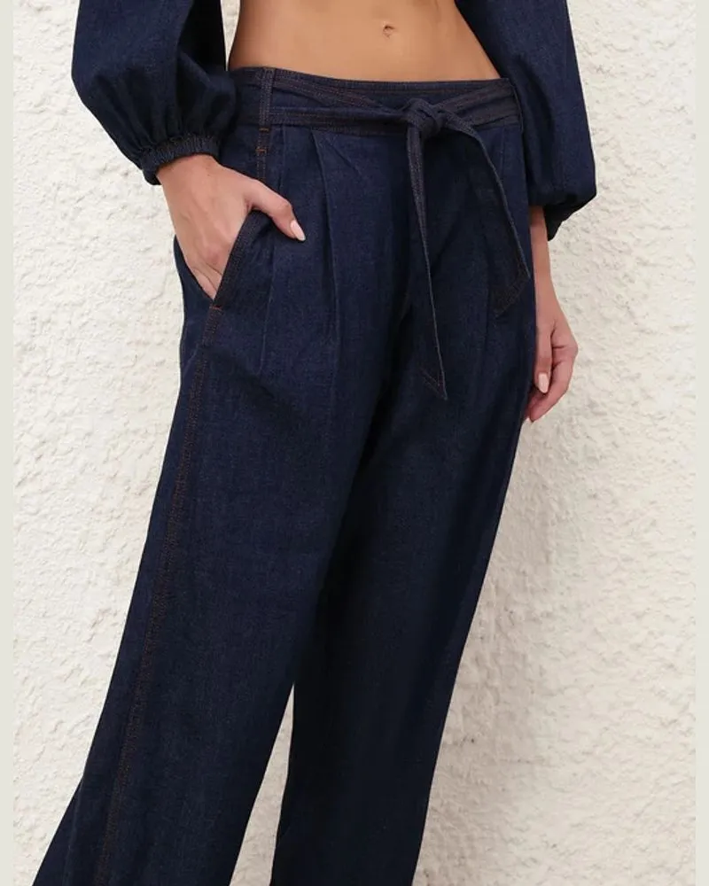 Zimmermann Drawstring Waist Wide-Leg Jeans — Navy Navy