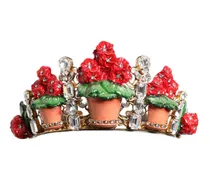 Women's Red Floral Flowerpot Crystal Gold Crown Tiara Headband Brass Accessory