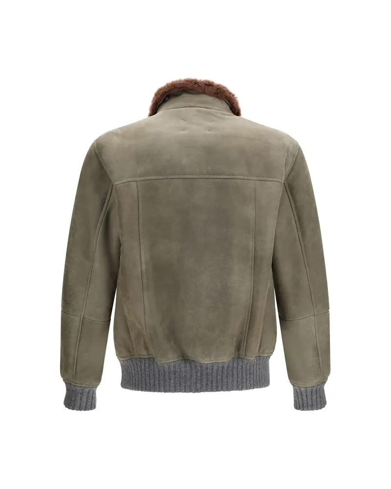 Brunello Cucinelli Waxed Shearling Bomber Jacket — Brown Brown