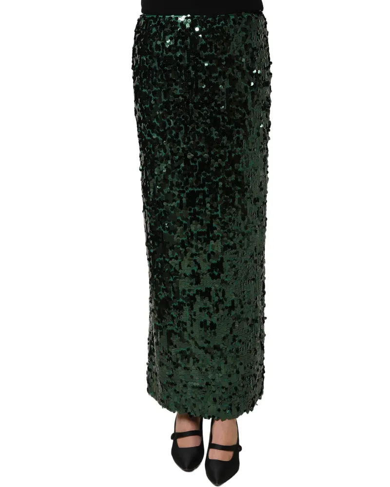 Dolce & Gabbana Women Green Sequin High Waist Pencil Cut Midi Skirt Nylon Green